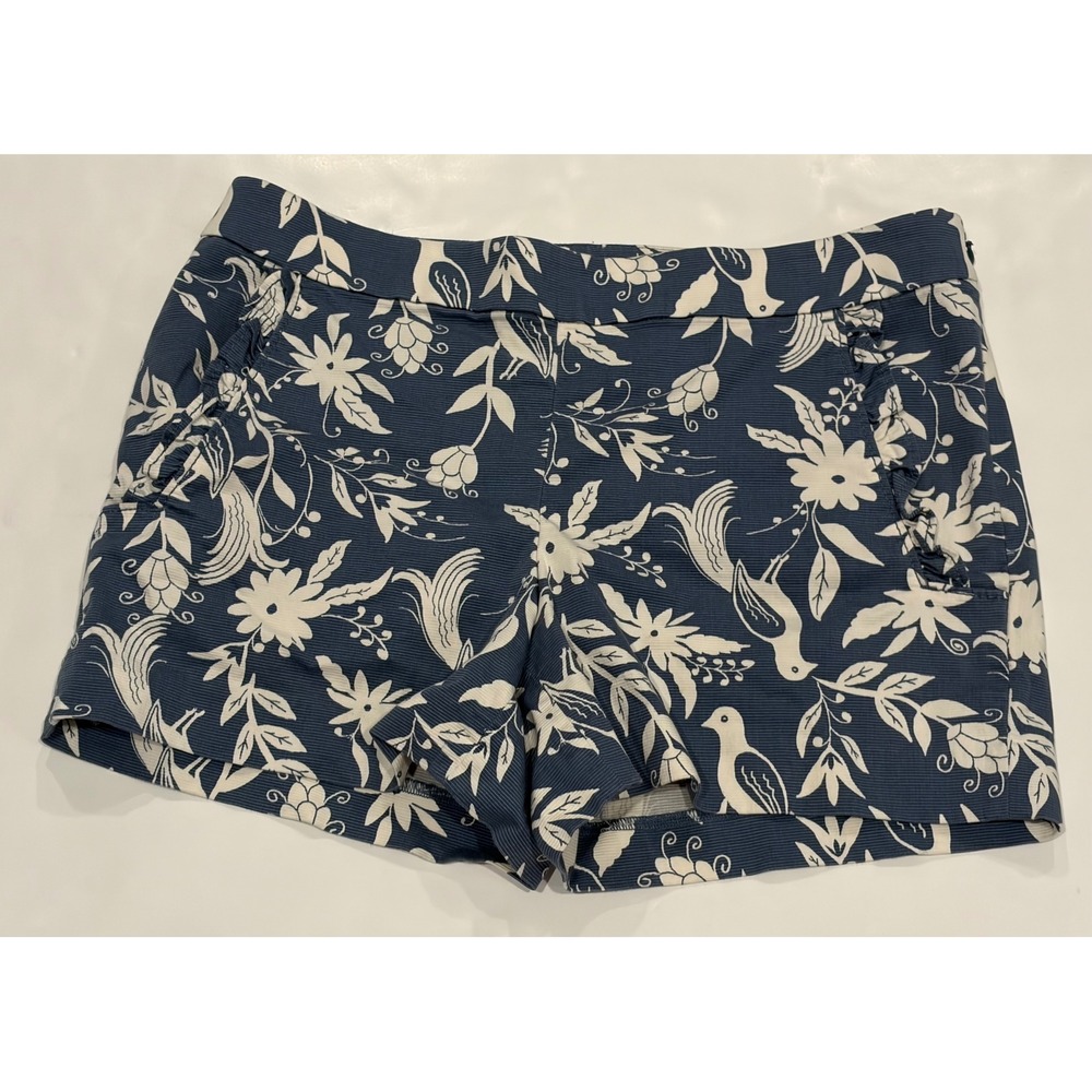 Loft Riviera Shorts Blue White Floral Bird Print Ruffle Pocket Side Zip Size 0